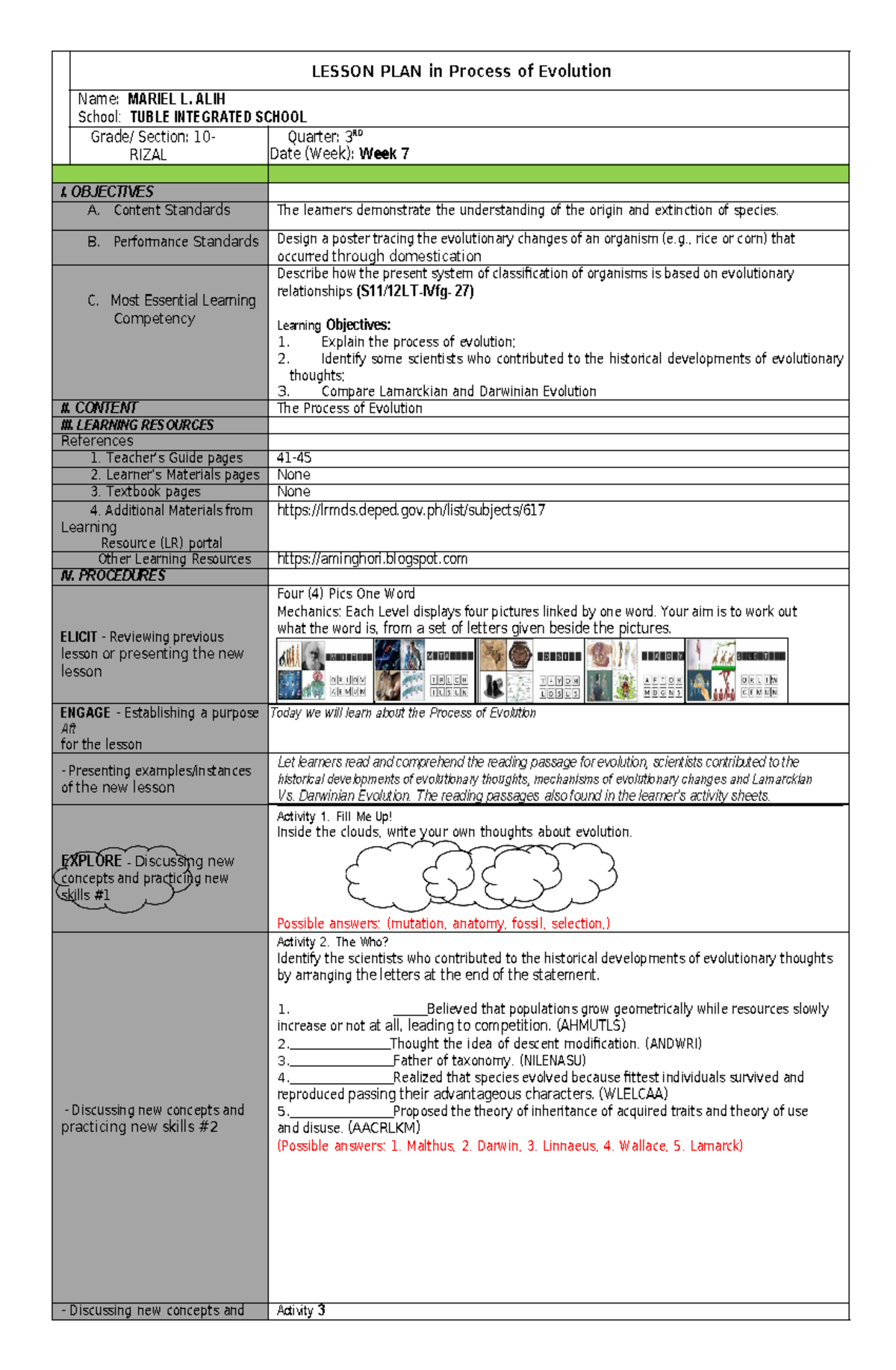 Lesson Plan for Grade 10: Understanding the Process of Evolution (Q3 ...