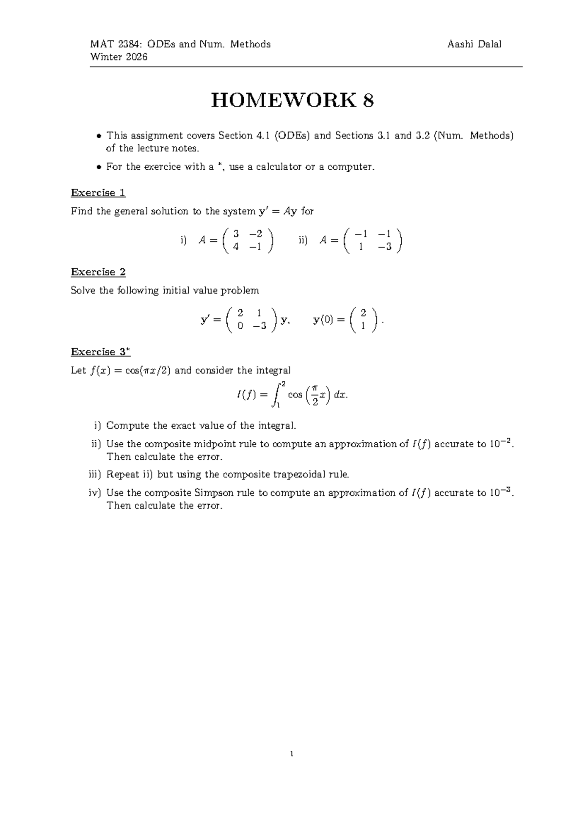 MAT 2384: ODEs & Num. Methods Winter 2026 - Homework 8 Solutions - Studocu