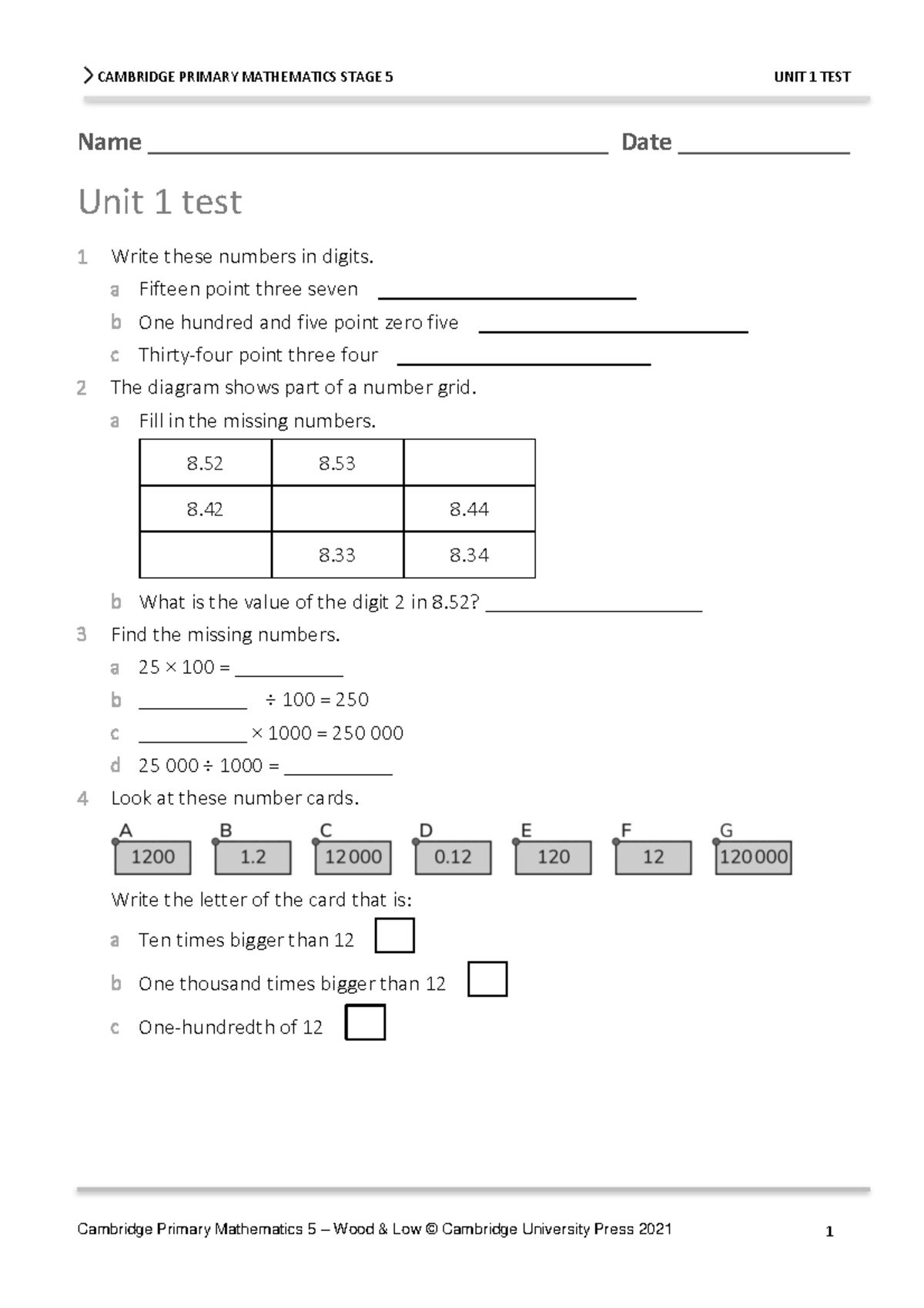 CAMBRIDGE PRIMARY MATHEMATICS STAGE 5 UNIT 1 TEST - Studocu