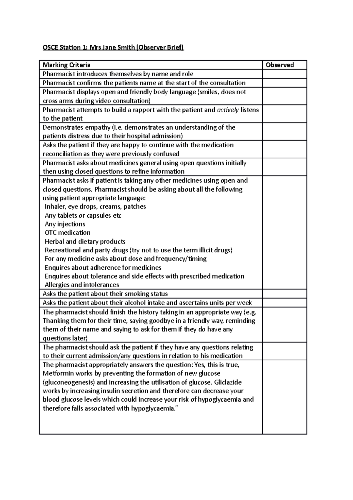 OSCE Observer Checklist for Mrs. Jane Smith - Clinical Skills ...