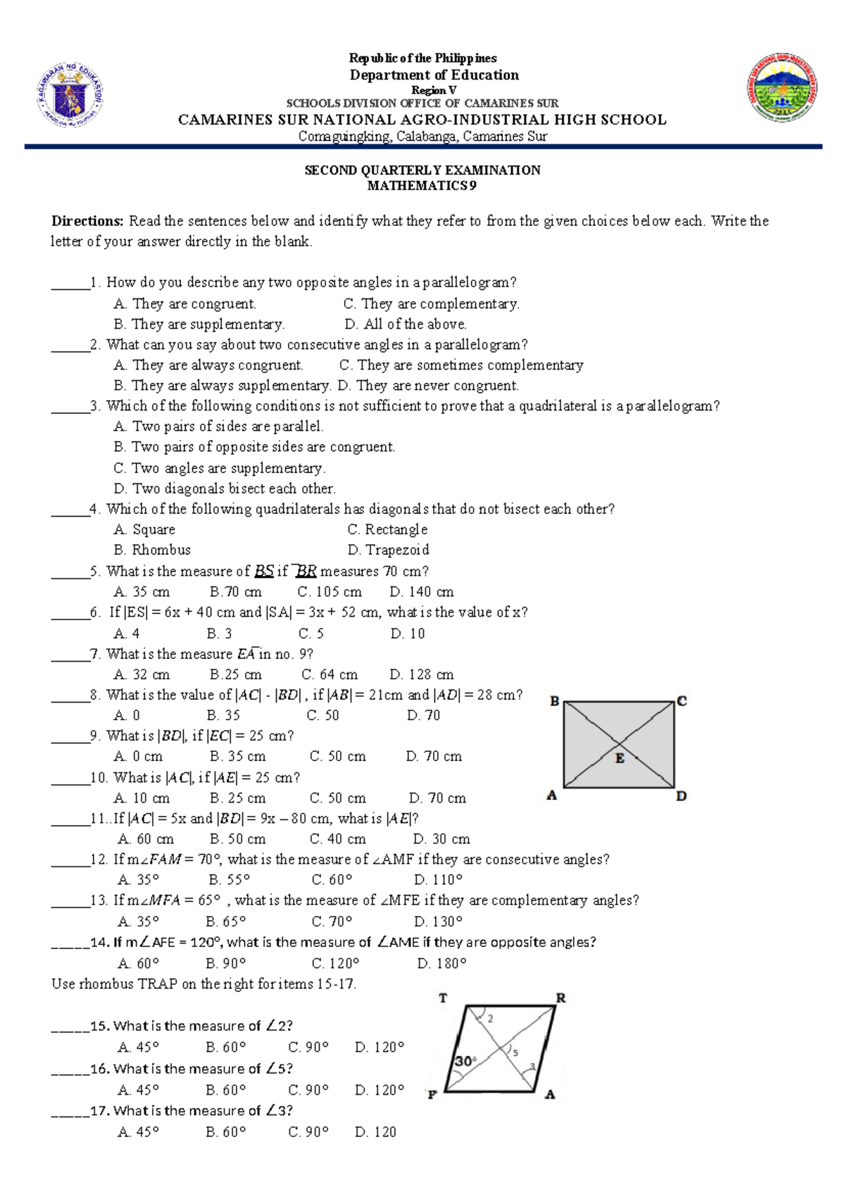 PT G9 MATH Second Quarterly Exam Review and Practice Questions - Studocu