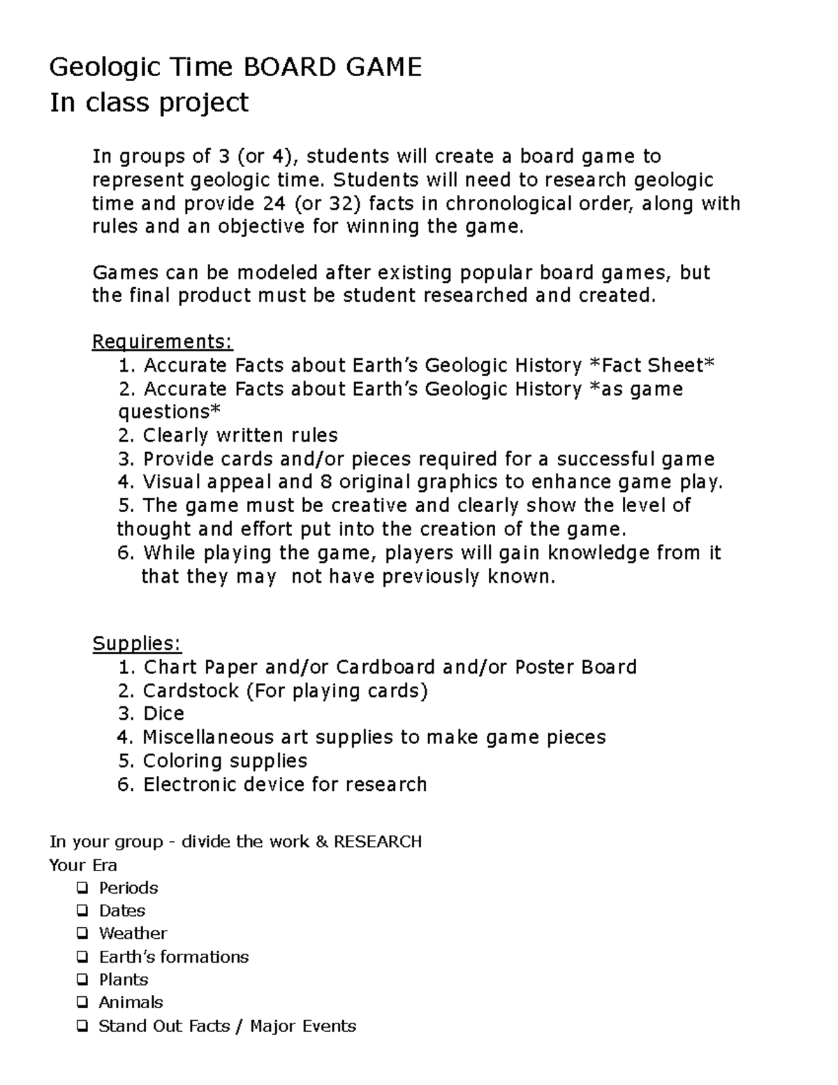 Geologic Time Scale Board Game Project (Classwork) - Studocu