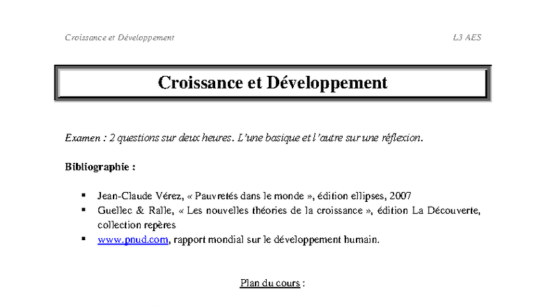 Cours L3 AES : Croissance et Développement - Examen et Théories - Studocu