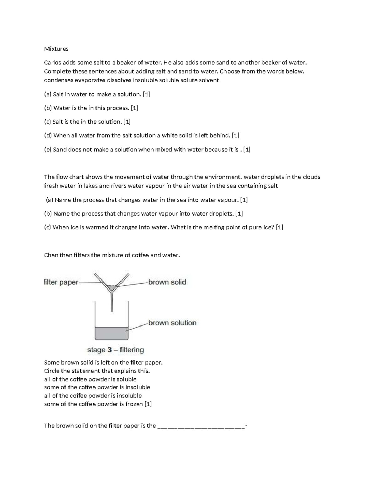Grade 6 Final Term Question Bank: Mixtures and Solutions - Studocu