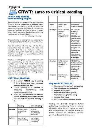 CRWT 2ND SEM YEAR 1 WEEK 13: Nature & Skills of Critical Thinking - Studocu
