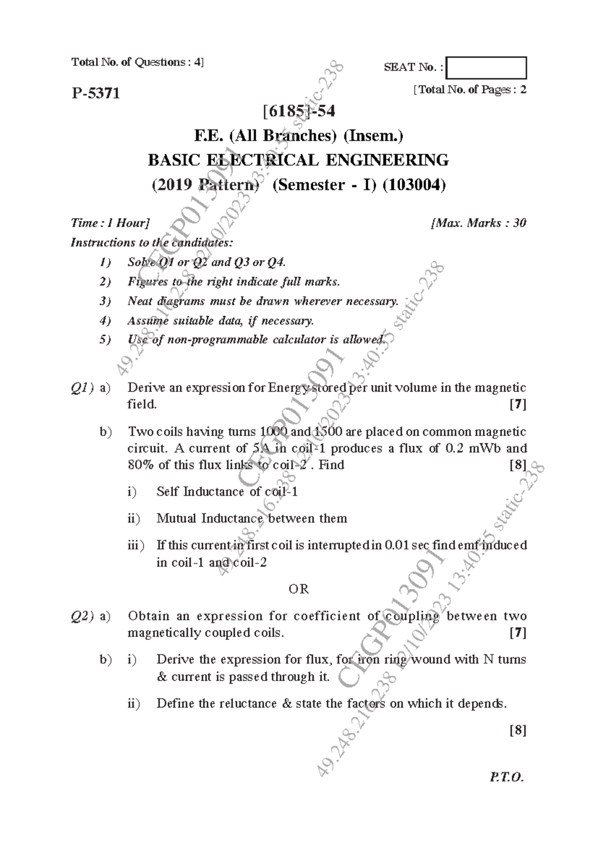 Oct - 2023 - Sppu - Q1) a) Derive an expression for Energy stored per ...