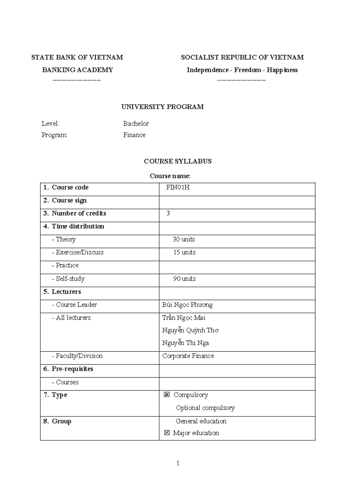 2022 FIN01H CF1 Course Syllabus for Corporate Finance I - Studocu