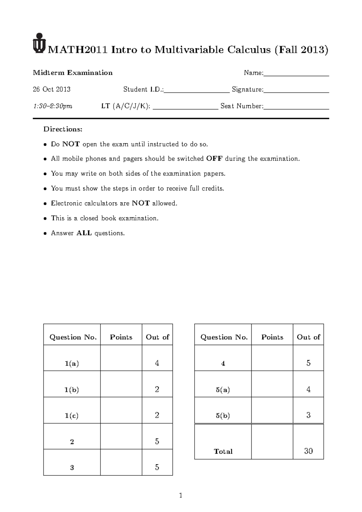 MATH2011 Midterm Exam 2013 - Questions and Answer Guide - Studocu