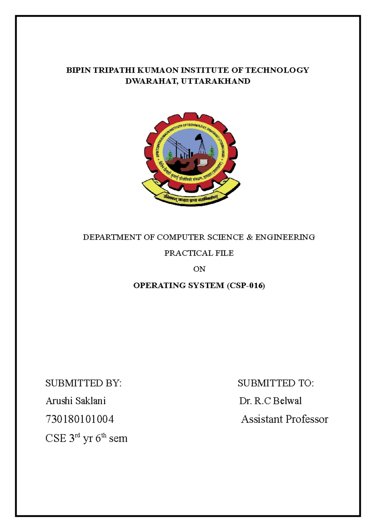 OS - FrontPage for practical - Computer Science Engineering - BIPIN ...