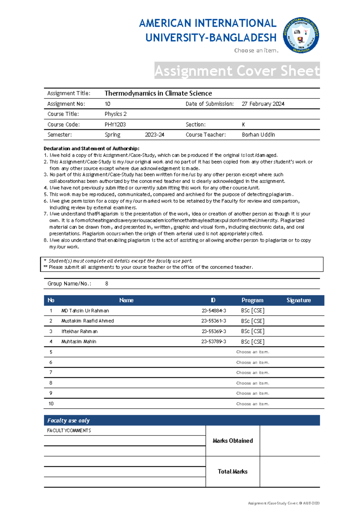 AIUB Assignment Cover Sheet - Assignment/Case-Study Cover; © AIUB ...