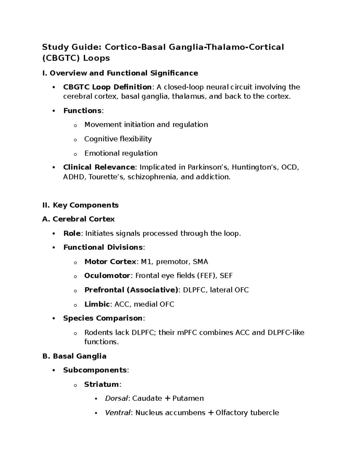 Study Guide: (CBGTC) Cortico-Basal Ganglia-Thalamo-Cortical Loops - Studocu