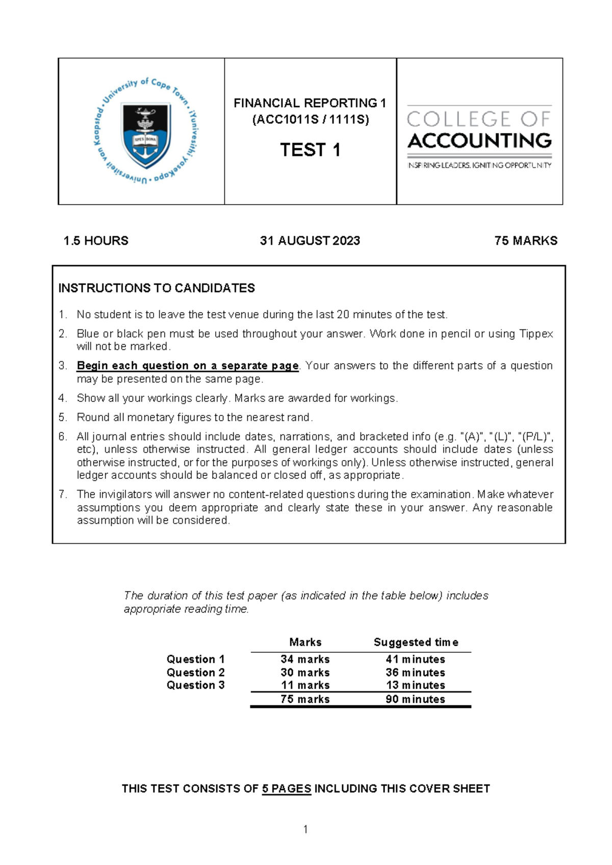 FINANCIAL REPORTING 1 (ACC1011S) TEST 1 PRACTICE MATERIAL - Studocu