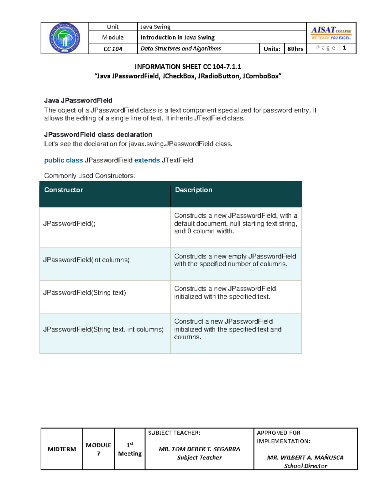 TTS-Module 7-CC 104 - Notes - Module Introduction in Java Swing CC 104 ...