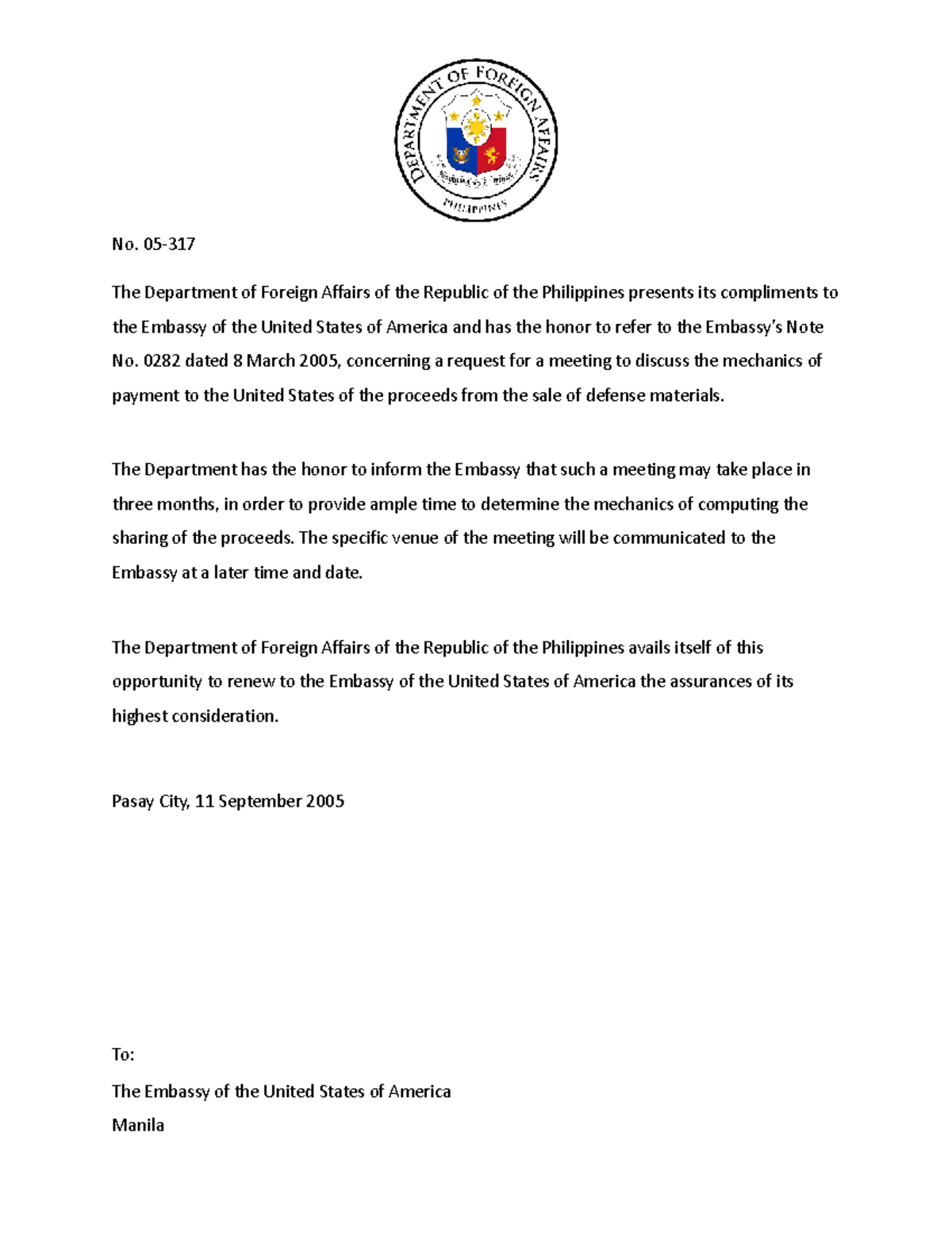 Note Verbal: Meeting Request on Defense Material Payment Mechanics ...