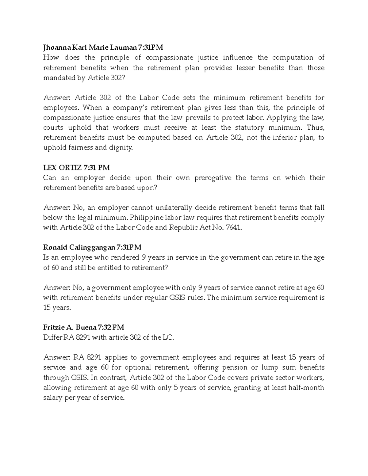Q&A on Retirement Benefits and Labor Code Article 302 - G7 - Studocu