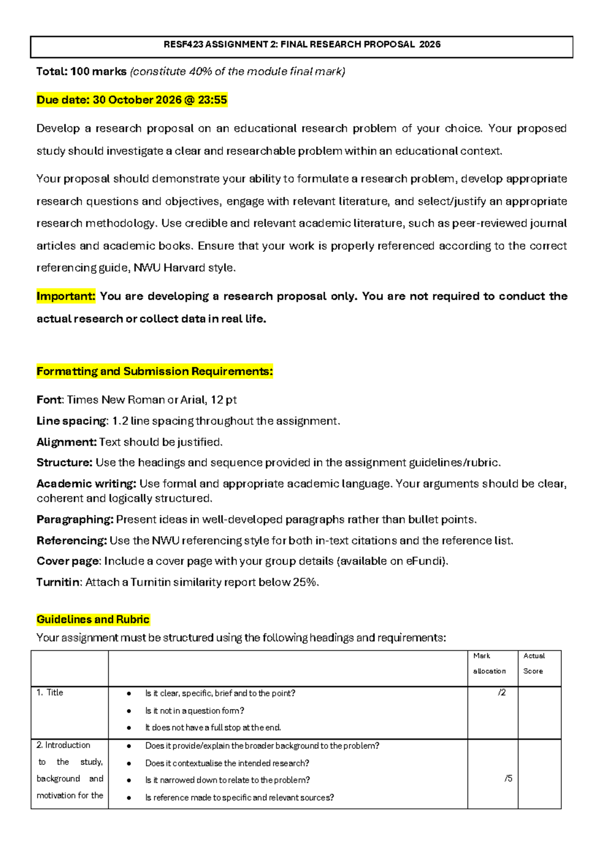 RESF423 ASSIGNMENT 2: FINAL RESEARCH PROPOSAL GUIDELINES - Studocu