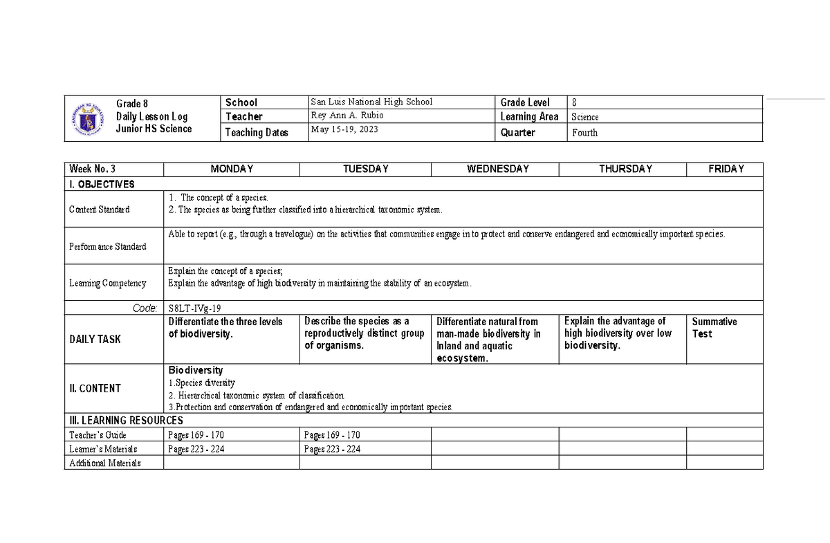 Ilide - none - Grade 8 Daily Lesson Log Junior HS Science School San ...