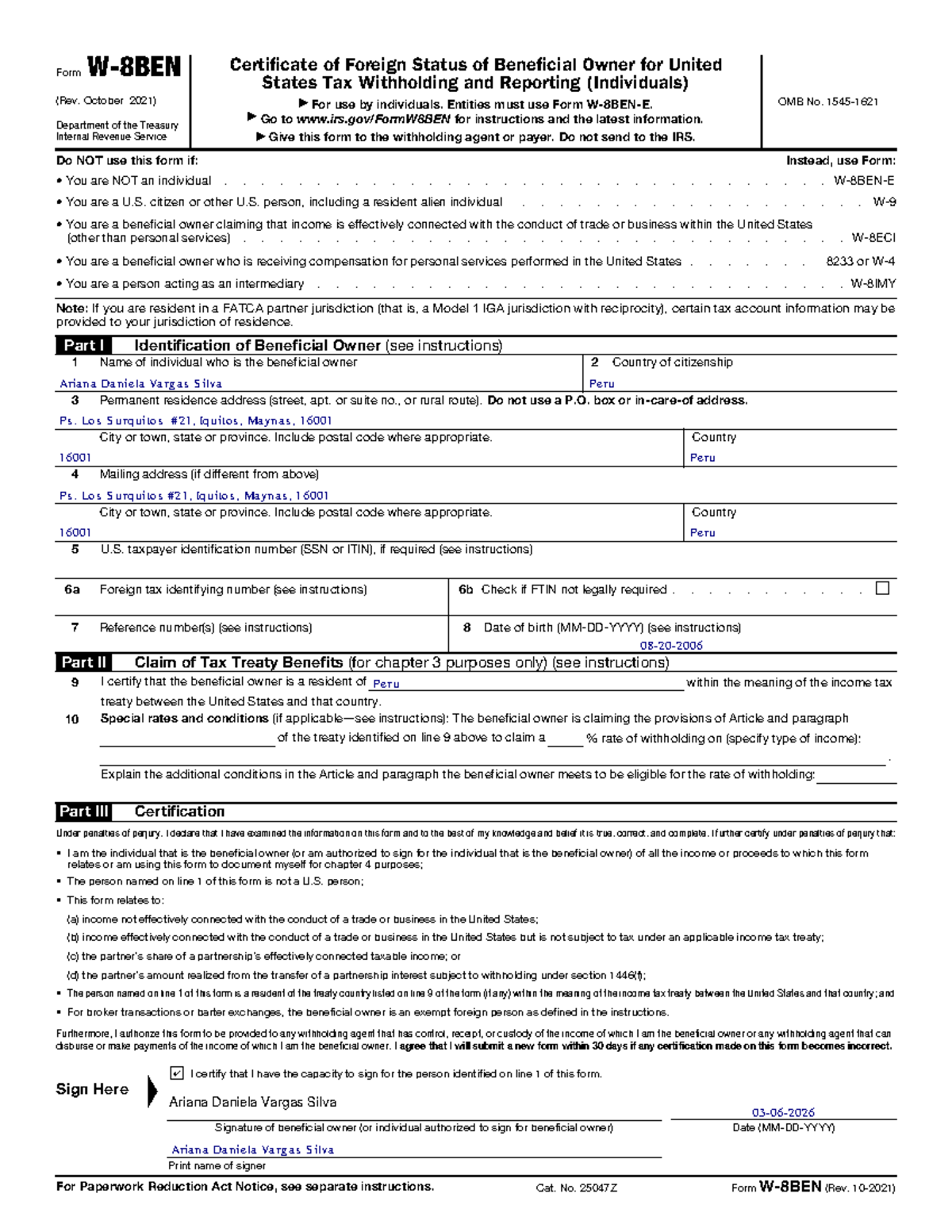 W-8BEN Form for Foreign Status Certification - SUNAT Guidelines - Studocu