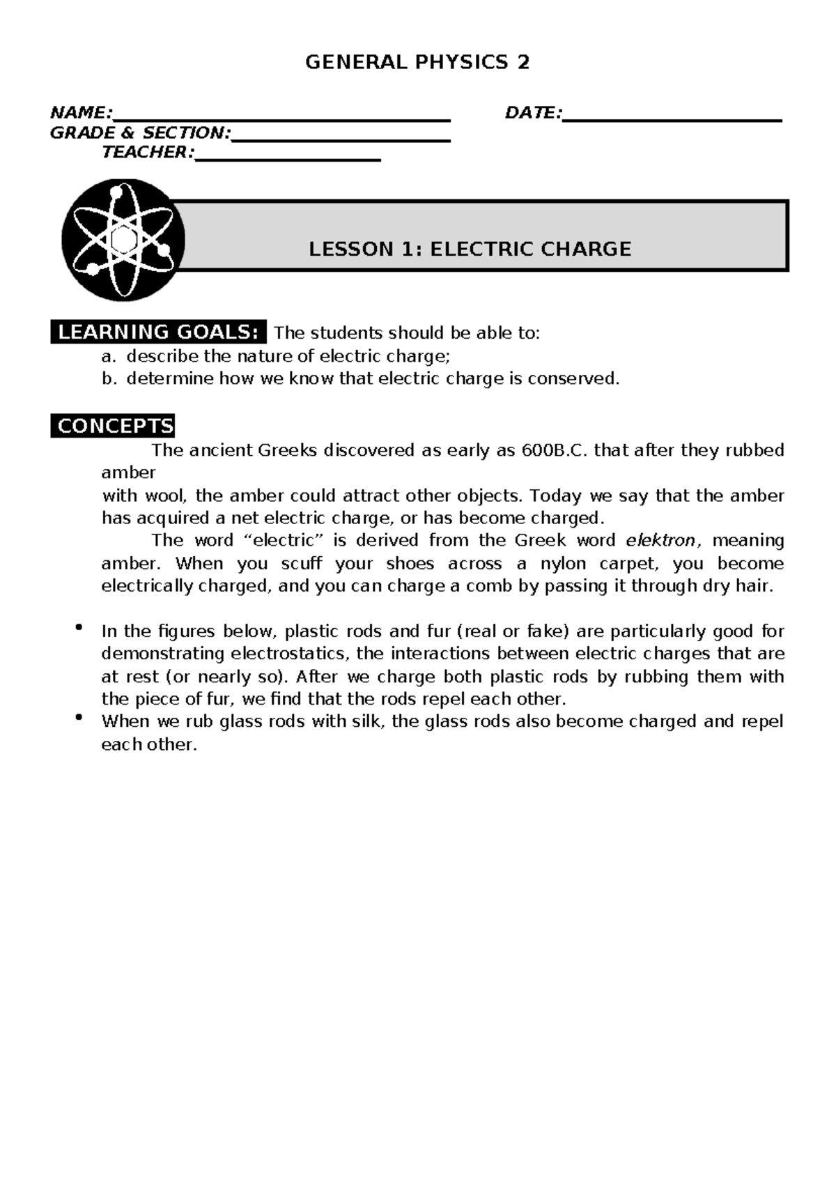 Genphy 2 L1 Electric Charge - GENERAL PHYSICS 2 NAME