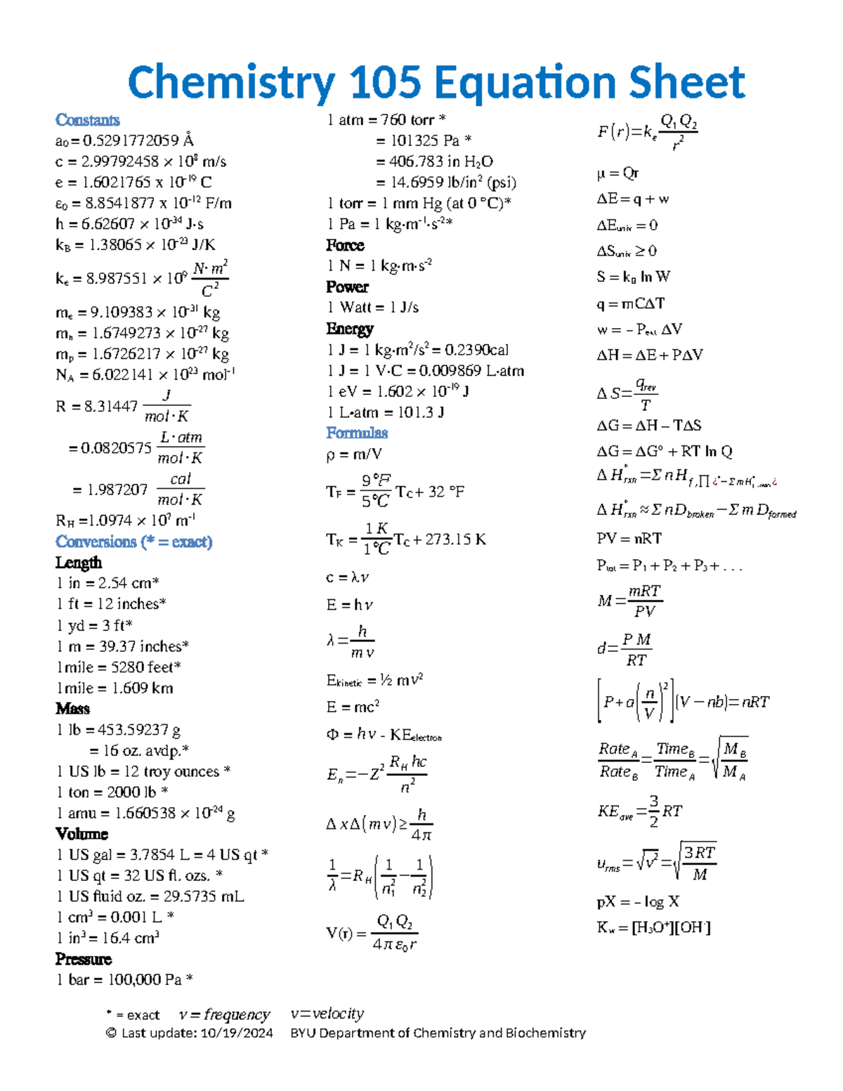 Chem 105 Equation Sheet for Final Exam 2024 - Studocu