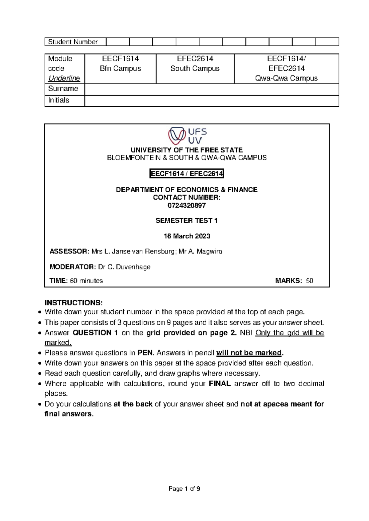 Semester Test 1 memo - Memo for TEST 1 (2023) - Module code Underline ...