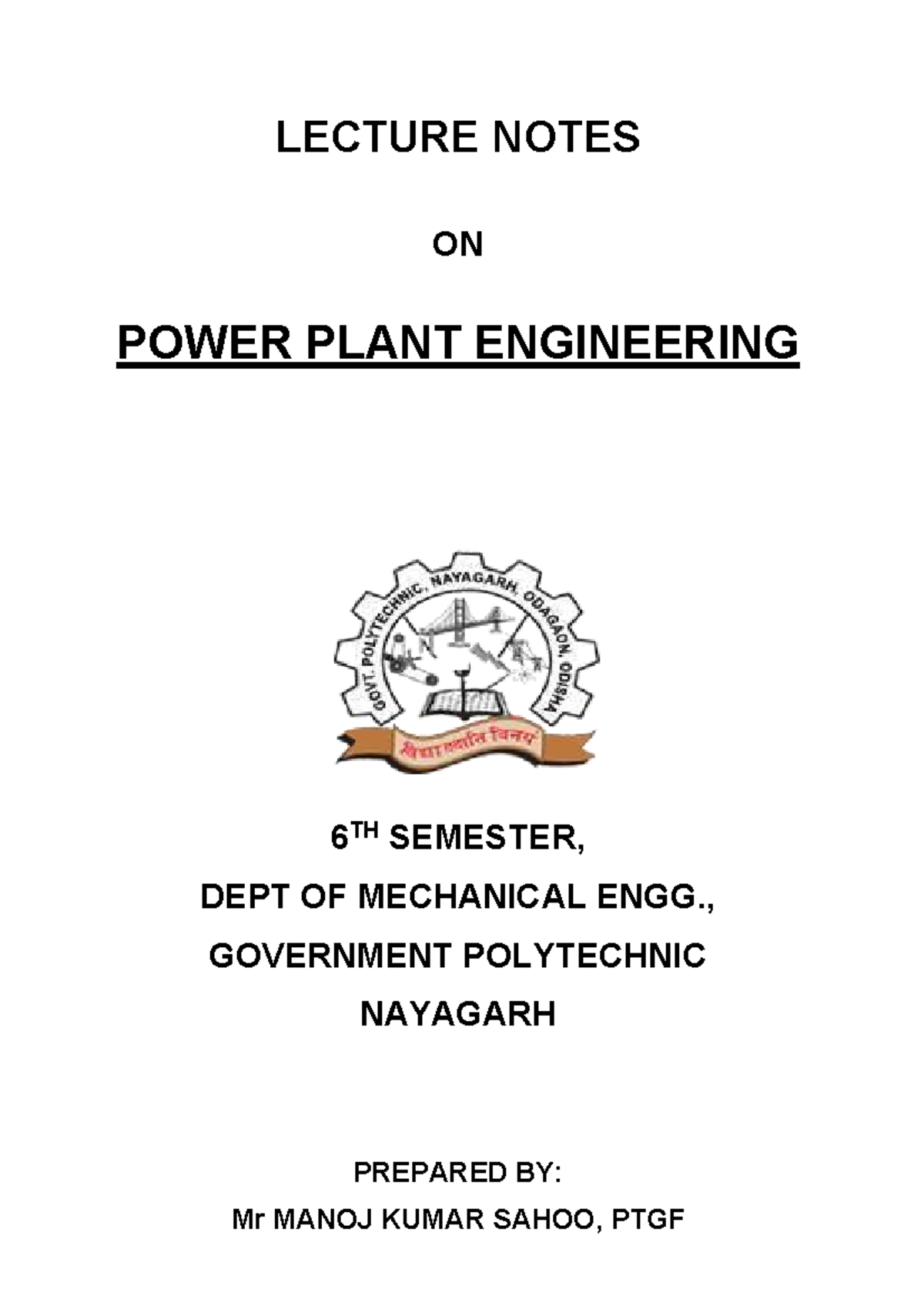 LECTURE NOTES ON POWER PLANT ENGINEERING MET 604 - 6TH SEMESTER - Studocu