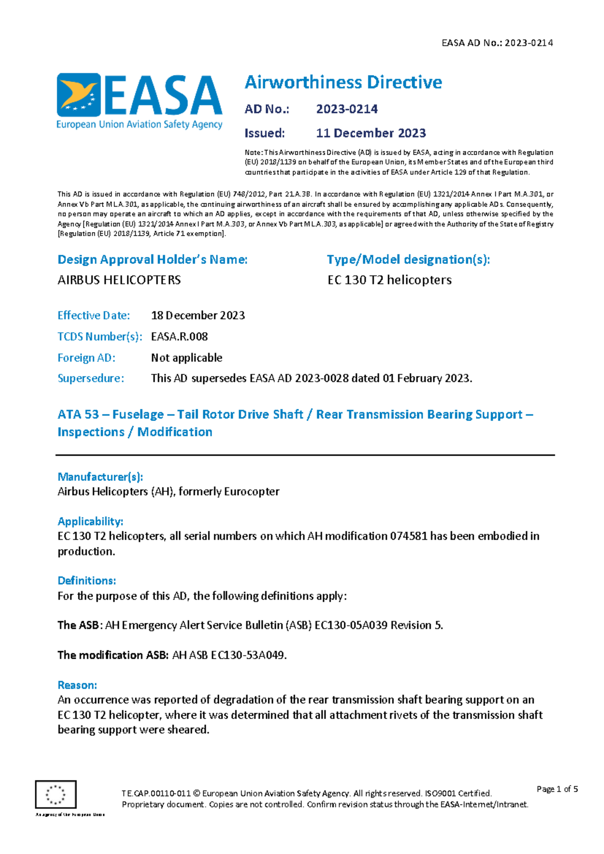 EASA AD 2023-0214: Airworthiness Directive for EC 130 T2 Helicopters ...