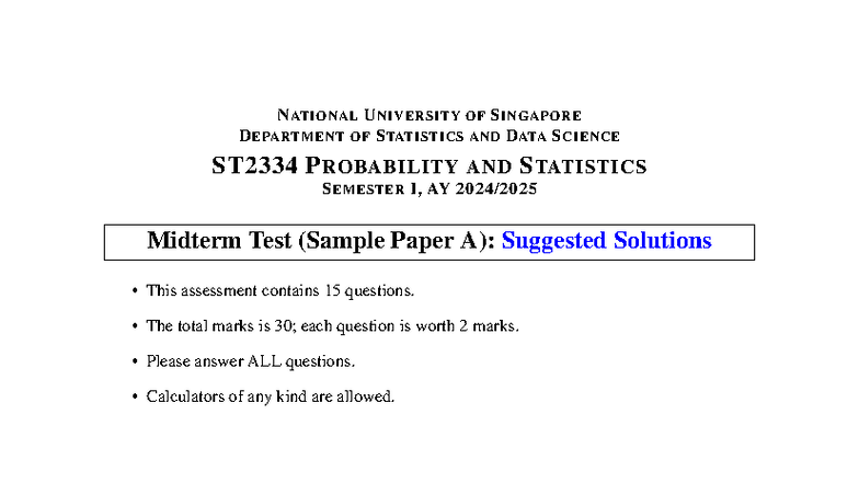 ST2334 Probability and Statistics Midterm Test (Sample A) Solutions ...