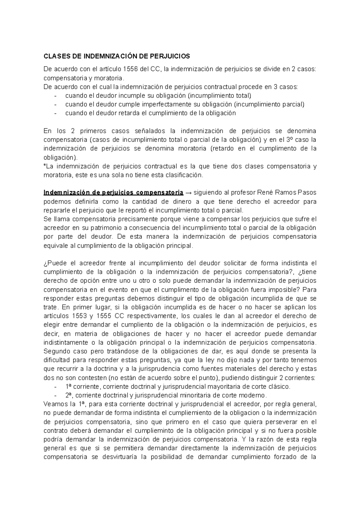 Indemnización de Perjuicios: Compensatoria vs. Moratoria en Contratos - Document Preview