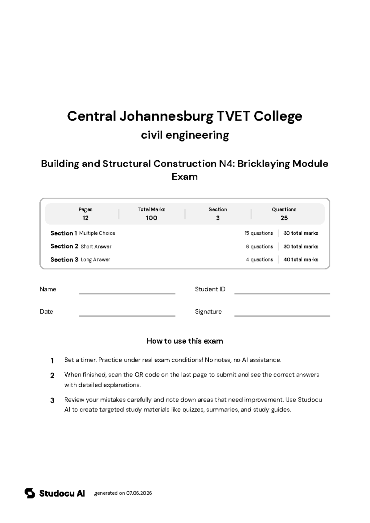 Building and Structural Construction N4: Bricklaying Module Exam - Studocu
