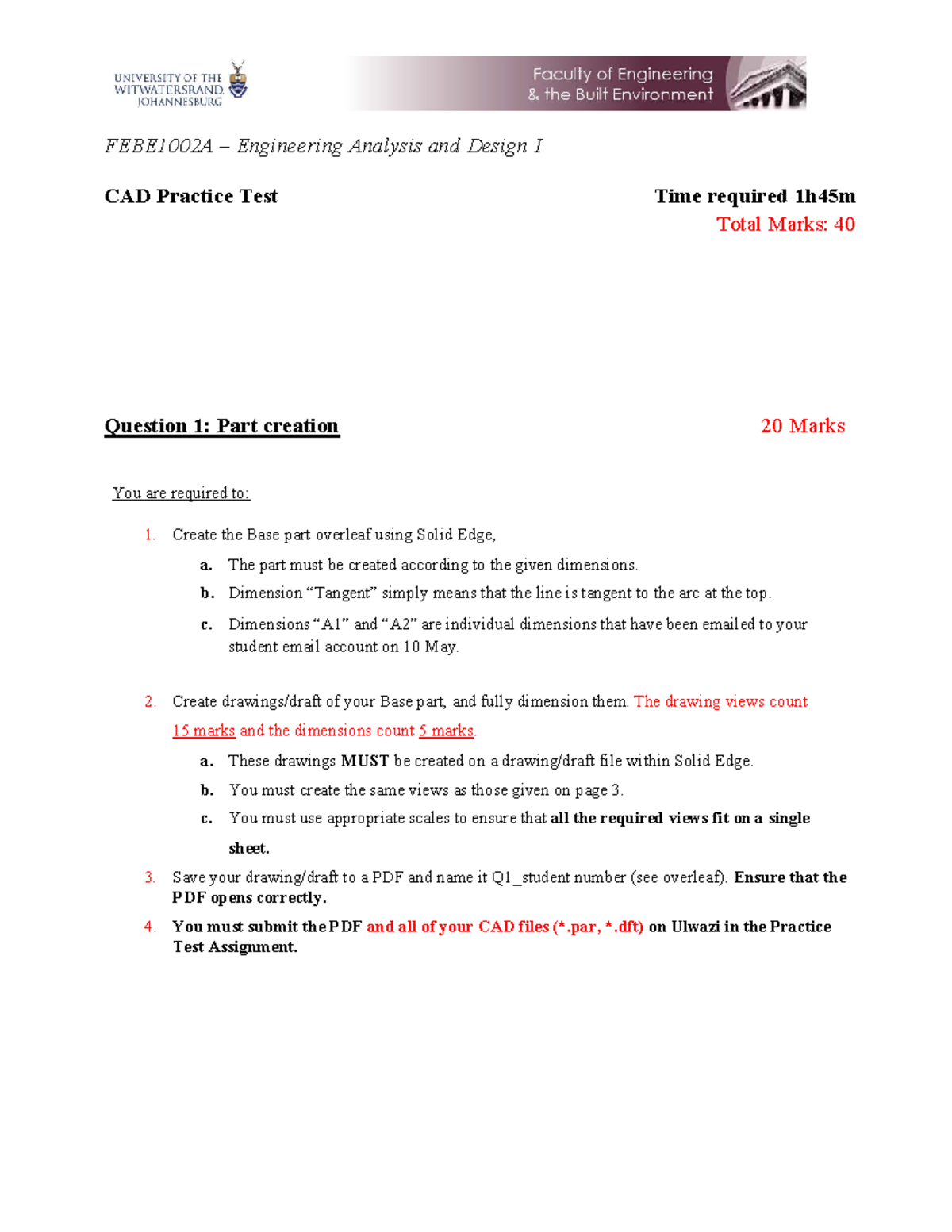 FEBE1002A Engineering Analysis & Design I CAD Practice Test 2025 - Studocu