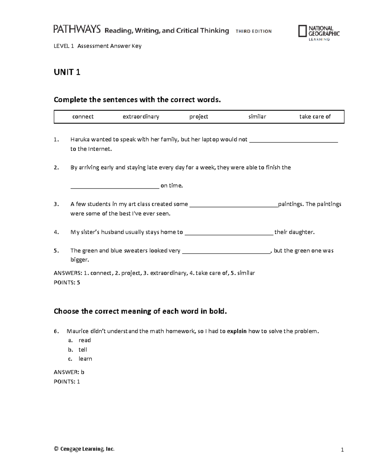 Pathways RW 3e L1 Assessment Answer Key Unit 01: Complete Sentences ...
