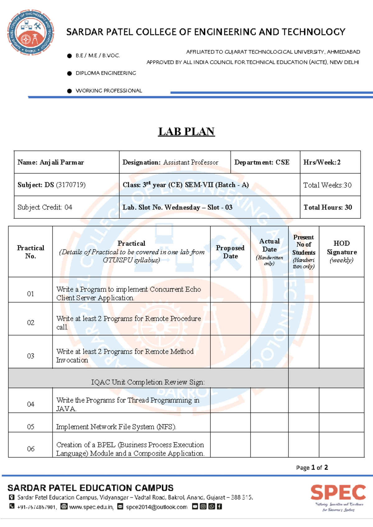 DS (3170719) Lab Plan for CE 3rd Year - Batch A - Studocu