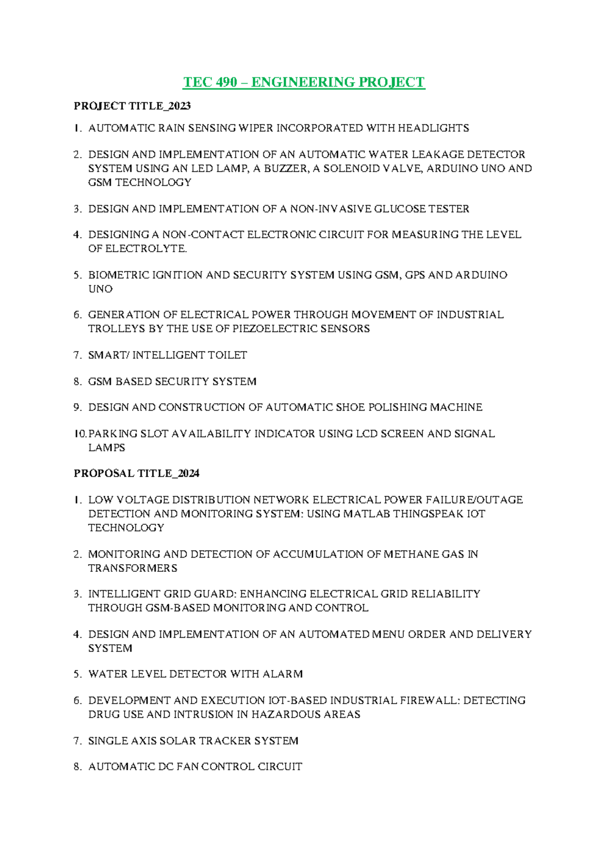 TEC 490 – Previous Engineering Project Titles (2023-2025) - Studocu