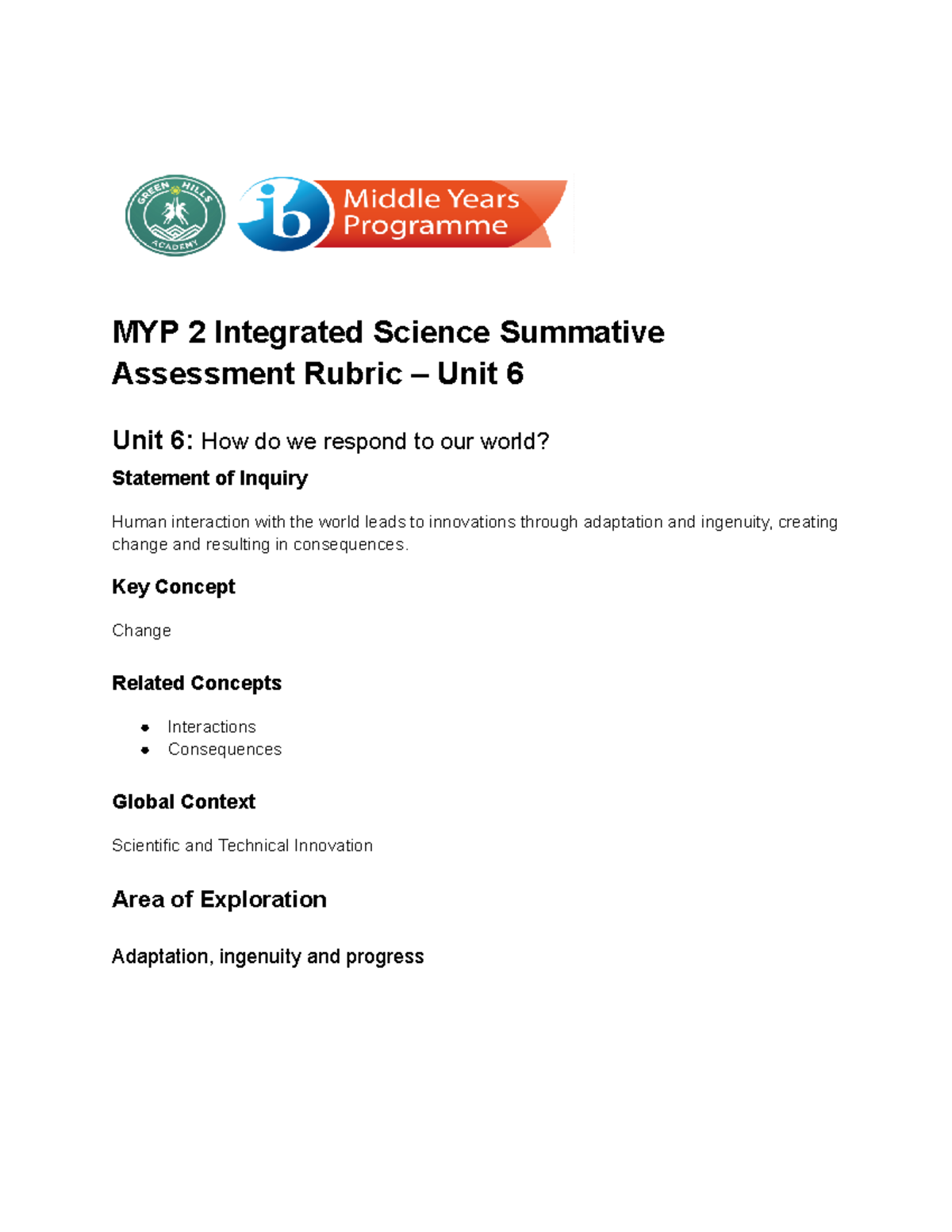 MYP 2 Integrated Science Unit 6: Summative Assessment Rubric - Studocu
