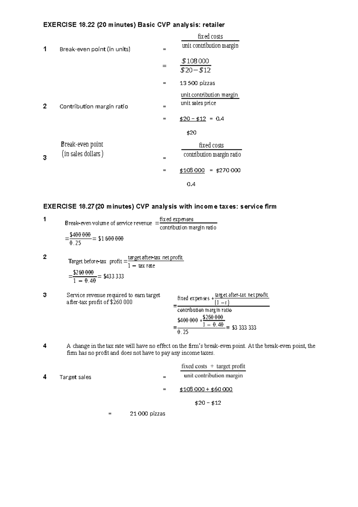 Week 8 - Solutions to CVP Analysis Exercises (Exercises 18.22, 18.26 ...