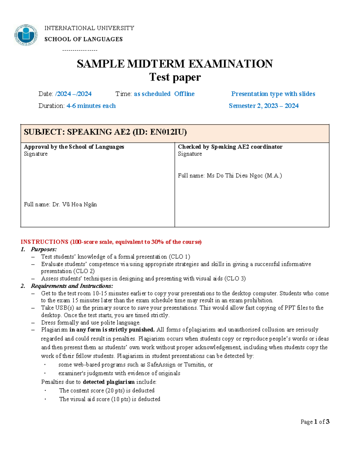 SPEAKING AE2 MIDTERM EXAM SAMPLE INSTRUCTIONS (ID: EN012IU) - Studocu