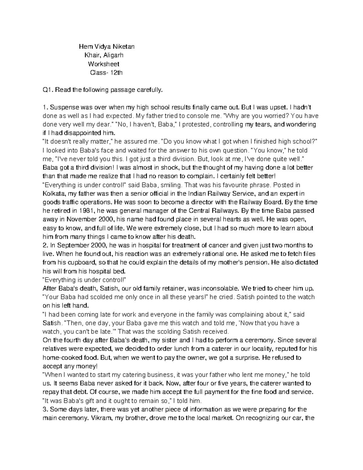 Hem Vidya Niketan Khair, Aligarh - Worksheet for 12th Grade Q1 - Studocu