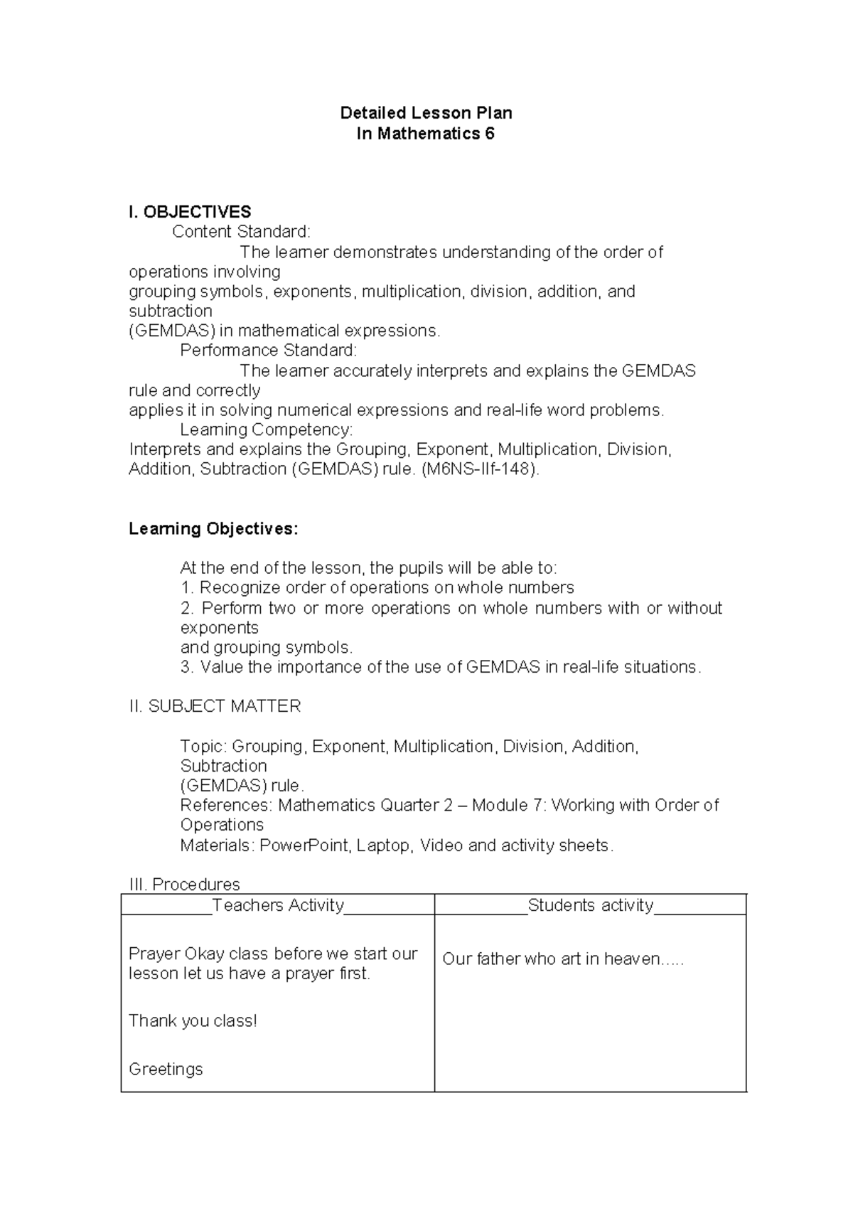 Mathematics 6 Detailed Lesson Plan: Understanding GEMDAS - Studocu