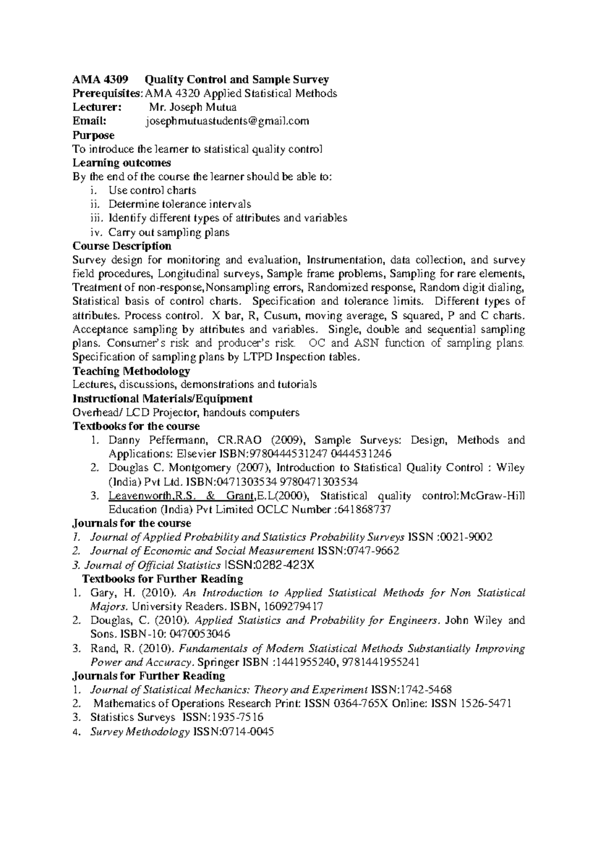 Notes AMA 4309 Quality Control and Sample Survey - AMA 4309 Quality ...