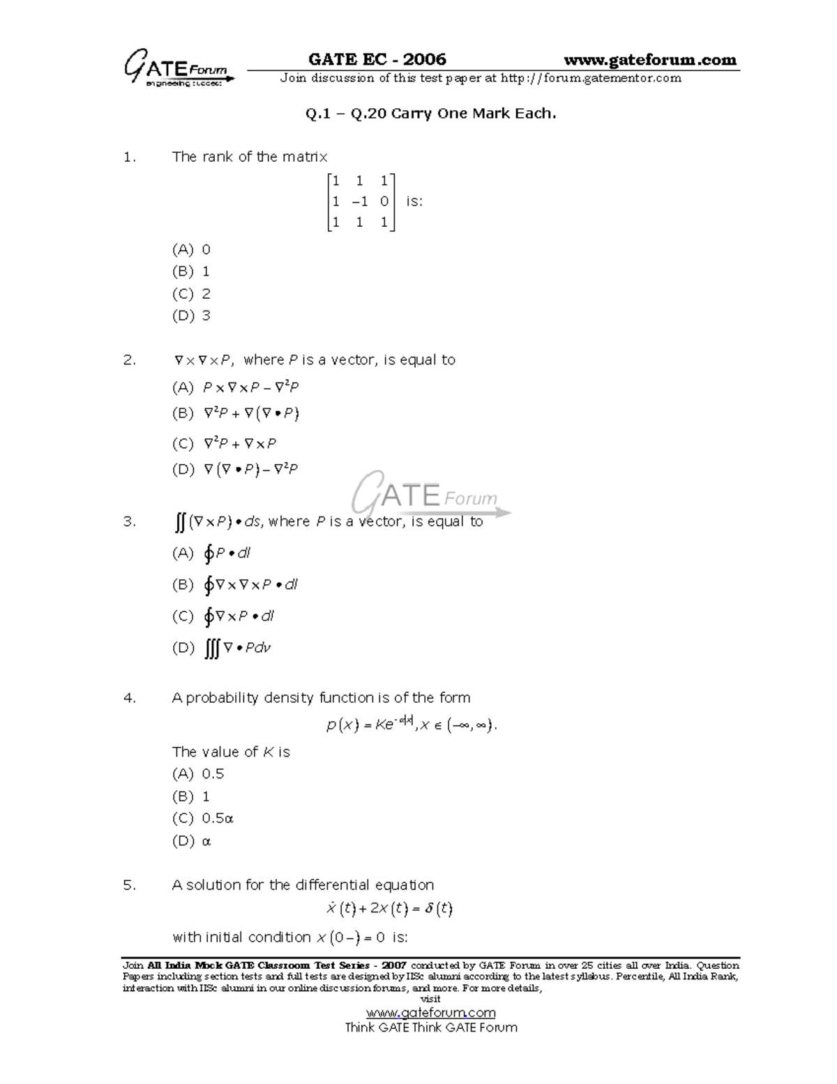 Sample GATE Exam Questions - 2006 Analysis & Solutions - Studocu
