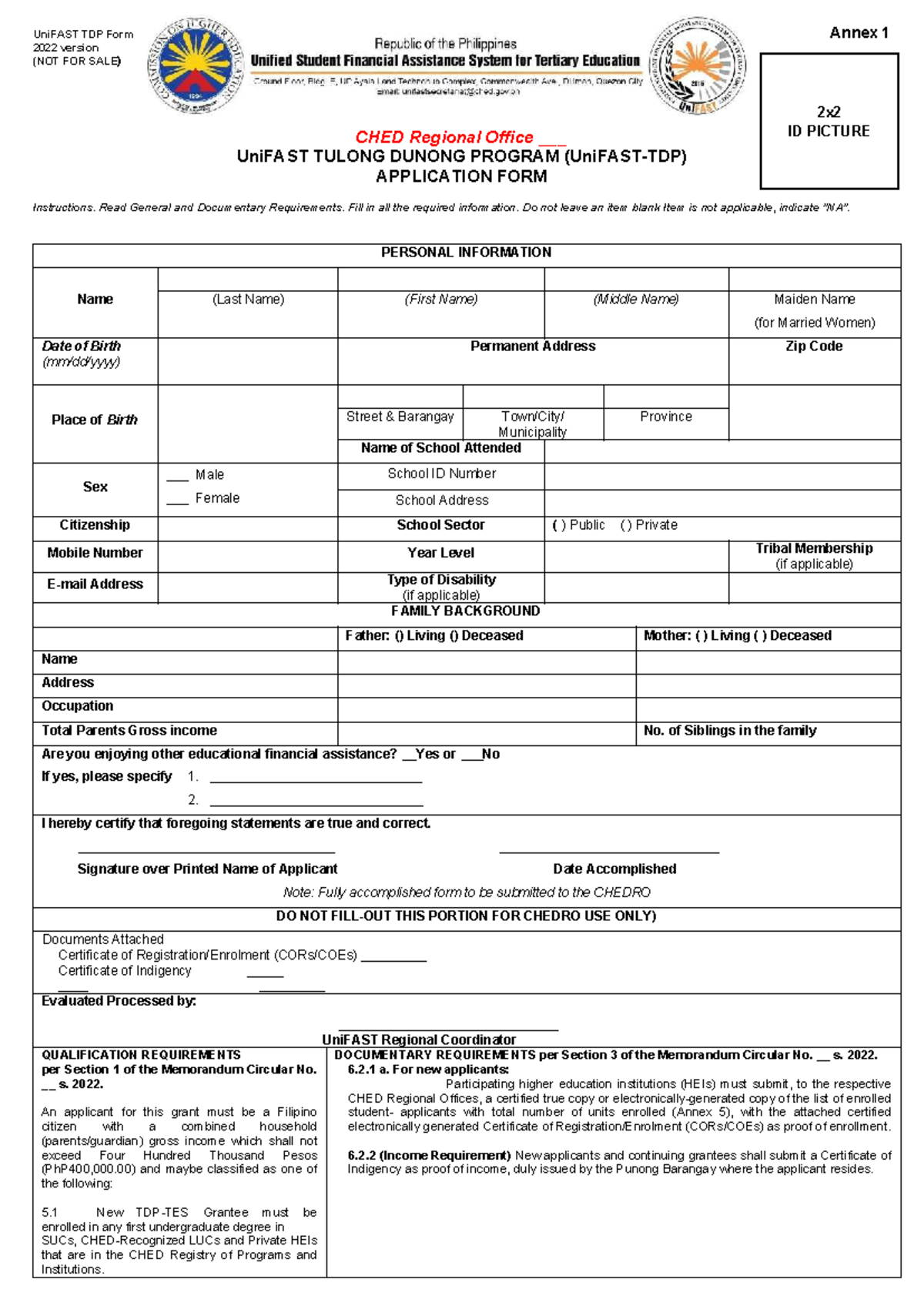 UniFAST TDP Application Form 2022 - Annex 1 Instructions - Studocu