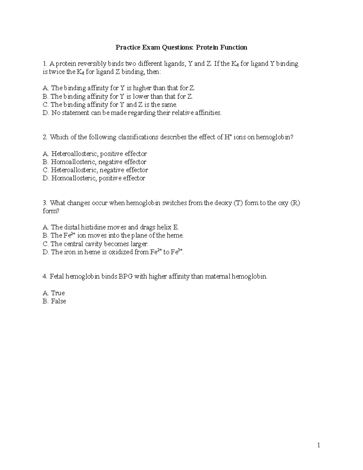 Protein Function MCQ Spring 2018 - Practice Exam Questions: Protein ...