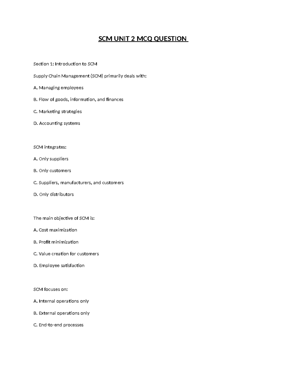 SCM UNIT 2 MCQs - Key Concepts in Supply Chain Management - Studocu