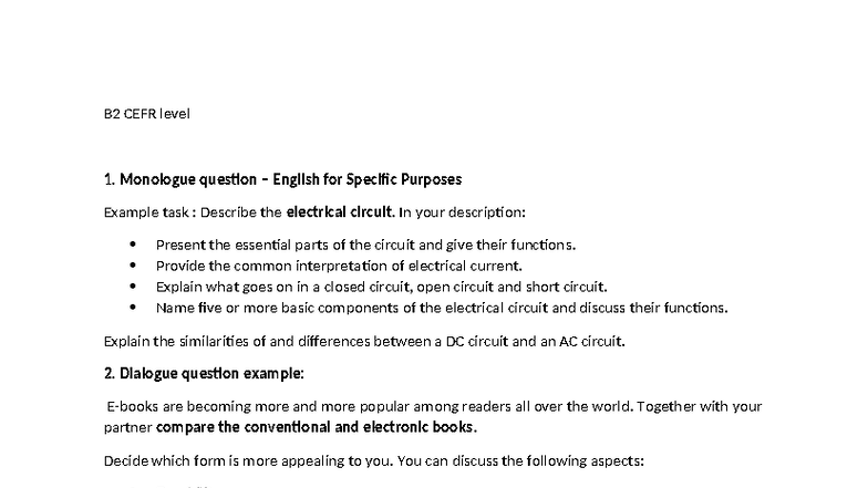 B2 CEFR Level 1: Speaking Exam Examples for ESP - Studocu
