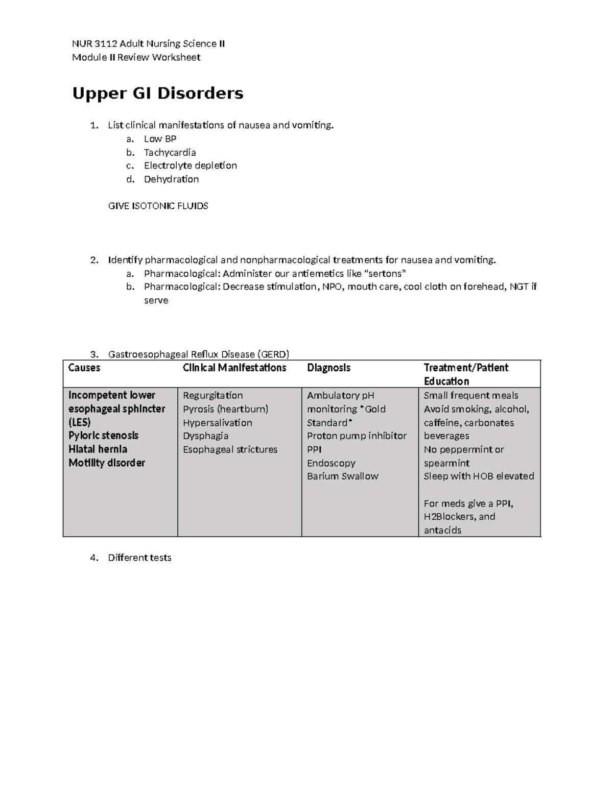 NUR 3112 Adult Nursing Science II: Upper & Lower GI Disorders Review ...