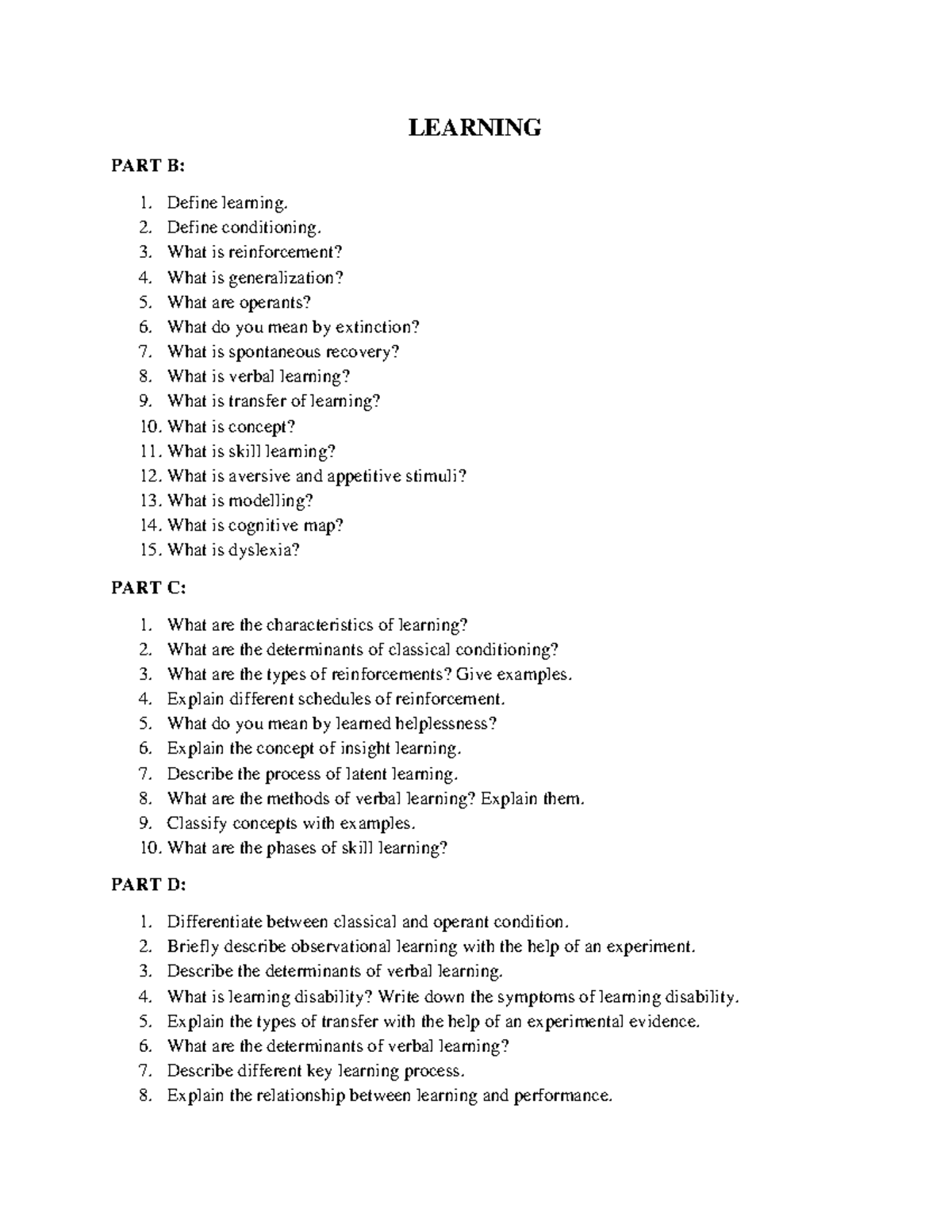 11 Psychology - Learning - Assignment - LEARNING PART B: Define ...
