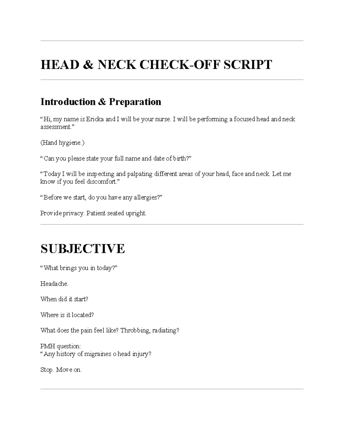 Head and Neck Assessment Script (NUR 101) - Studocu
