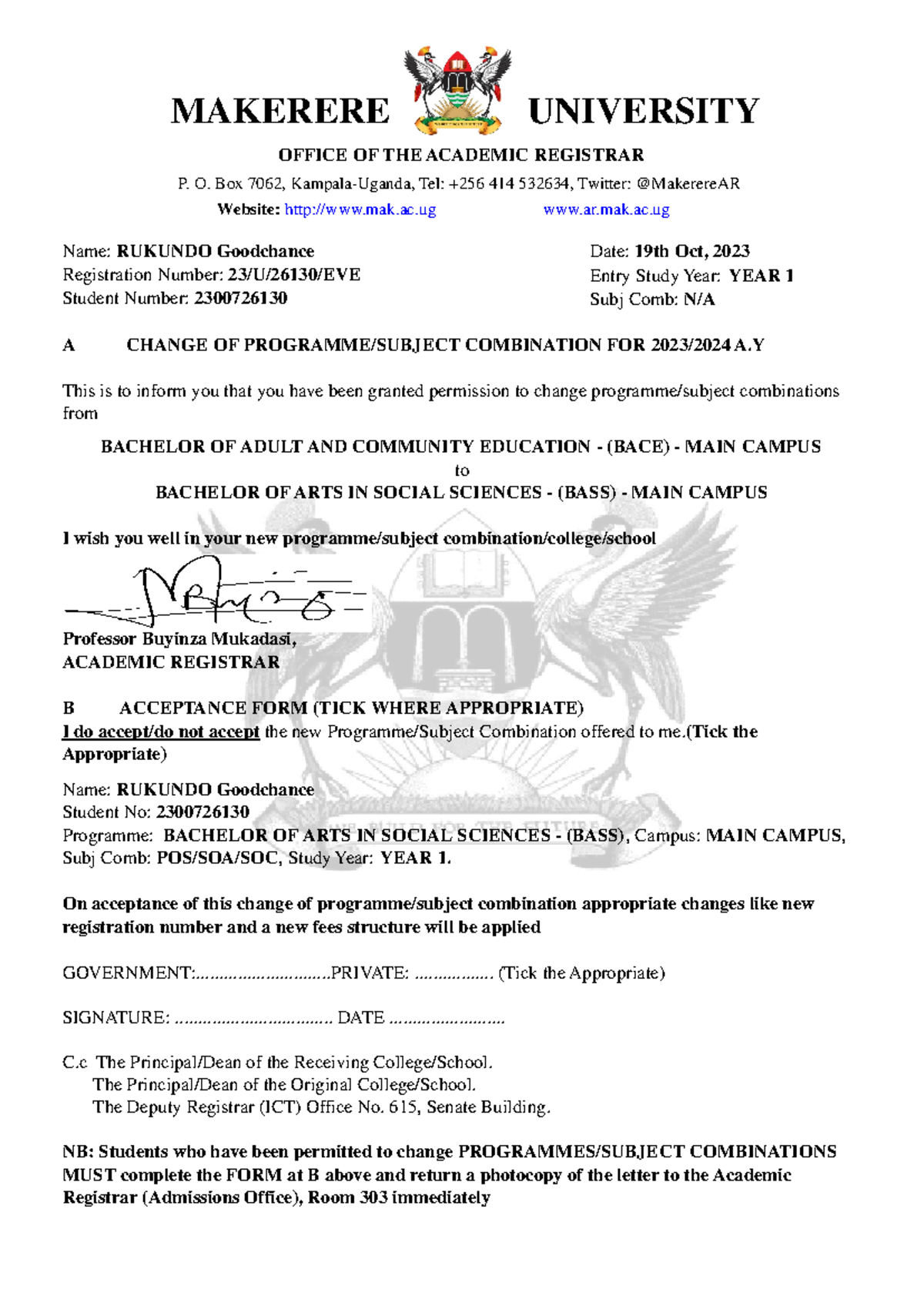 Change of Programme Acceptance Letter - Makerere University - Studocu