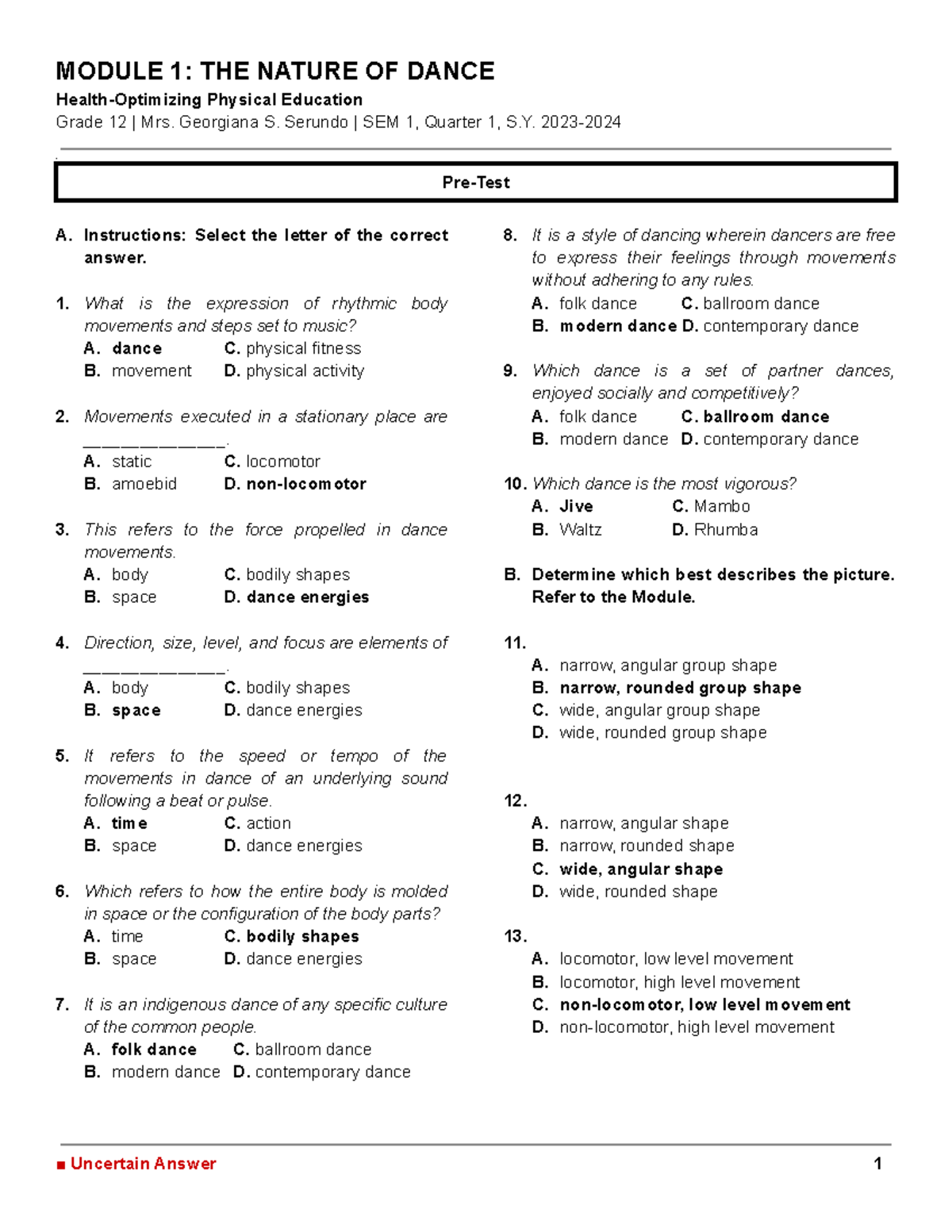 PHED 12 SEM 1: Module 1 - The Nature of Dance (Lessons 1-4) - Studocu